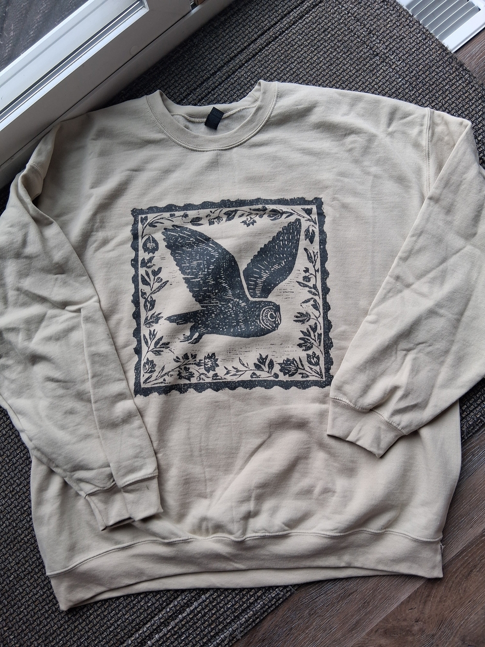 NWOT Gildan Sand Sweatshirt with Black Owl Graphic